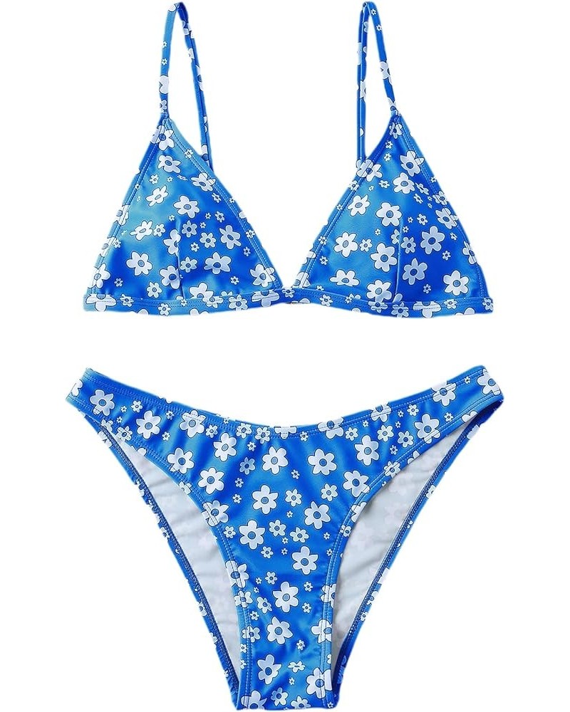 Women's Two Piece Bathing Suit Floral Print Triangle Bikini Swimsuit Blue $15.80 Swimsuits