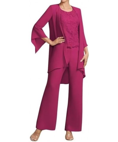 3 Pieces Mother of The Bride Pant Suits for Wedding Lace Appliques Outfit Sets with Jacket Fuchsia $26.20 Suits