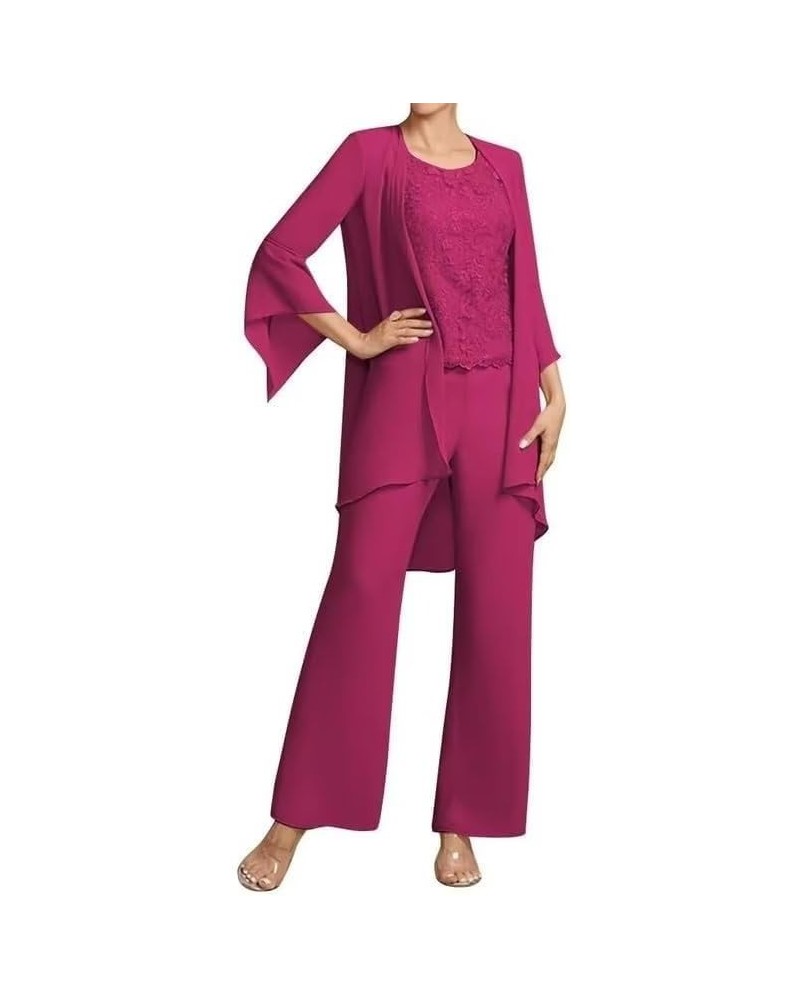 3 Pieces Mother of The Bride Pant Suits for Wedding Lace Appliques Outfit Sets with Jacket Fuchsia $26.20 Suits