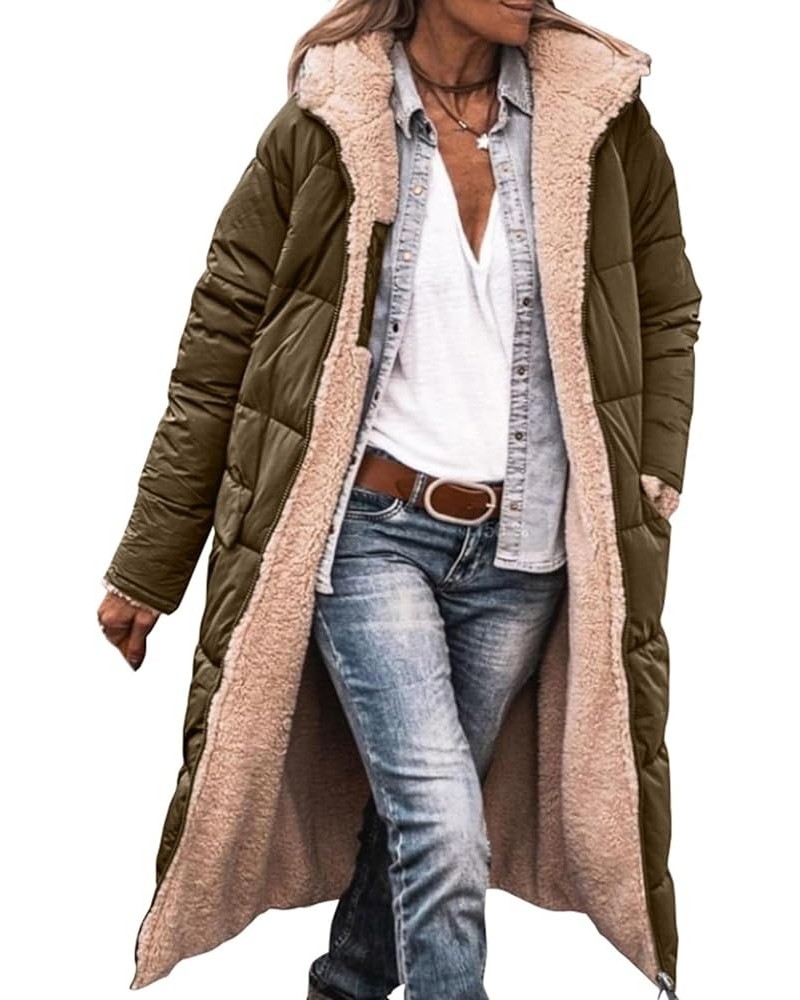 Women's Winter Hooded Quilted Coat Fleece Lined Long Puffer Jacket Winter Fashion Warm Reversible Zip Up Padded Coat Army Gre...