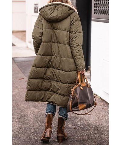 Women's Winter Hooded Quilted Coat Fleece Lined Long Puffer Jacket Winter Fashion Warm Reversible Zip Up Padded Coat Army Gre...