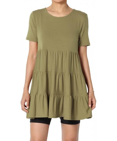 Women's Summer Short Sleeve Tiered Ruffle Babydoll Tunic Cute Relaxed Long Top Khaki Green $11.96 Tops