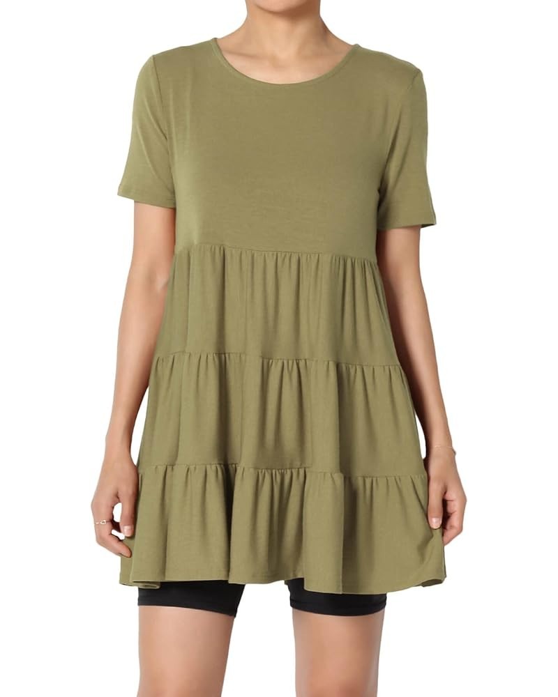 Women's Summer Short Sleeve Tiered Ruffle Babydoll Tunic Cute Relaxed Long Top Khaki Green $11.96 Tops