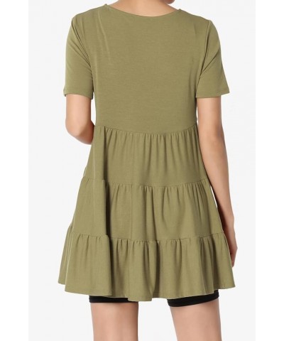 Women's Summer Short Sleeve Tiered Ruffle Babydoll Tunic Cute Relaxed Long Top Khaki Green $11.96 Tops