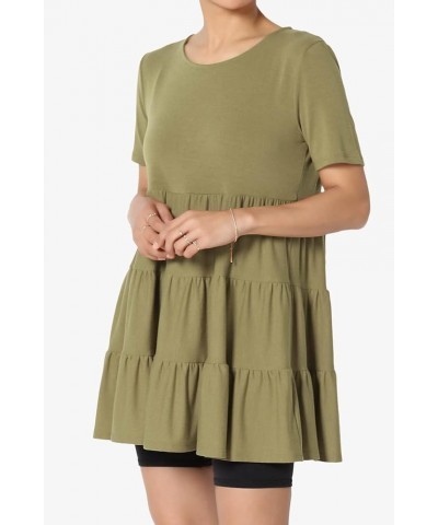 Women's Summer Short Sleeve Tiered Ruffle Babydoll Tunic Cute Relaxed Long Top Khaki Green $11.96 Tops