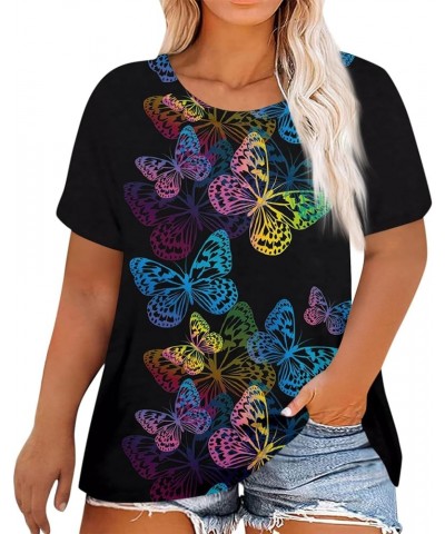 Plus Size T Shirt for Women Short Sleeve Shirts Floral Tunic Round Neck Butterfly Tops Summer Blouse L-5XL W09-dark Blue $10....