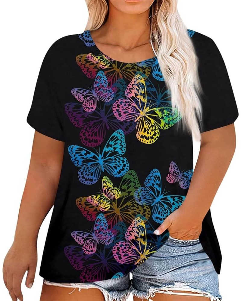 Plus Size T Shirt for Women Short Sleeve Shirts Floral Tunic Round Neck Butterfly Tops Summer Blouse L-5XL W09-dark Blue $10....