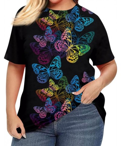 Plus Size T Shirt for Women Short Sleeve Shirts Floral Tunic Round Neck Butterfly Tops Summer Blouse L-5XL W09-dark Blue $10....