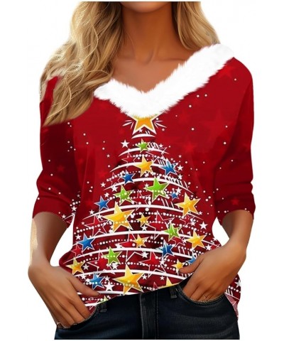 Merry Christmas Shirt Women's Christmas Tops Dressy T Shirt Tee Long Sleeve Party Fleece Collar V Neck Top Shirts 3-multicolo...