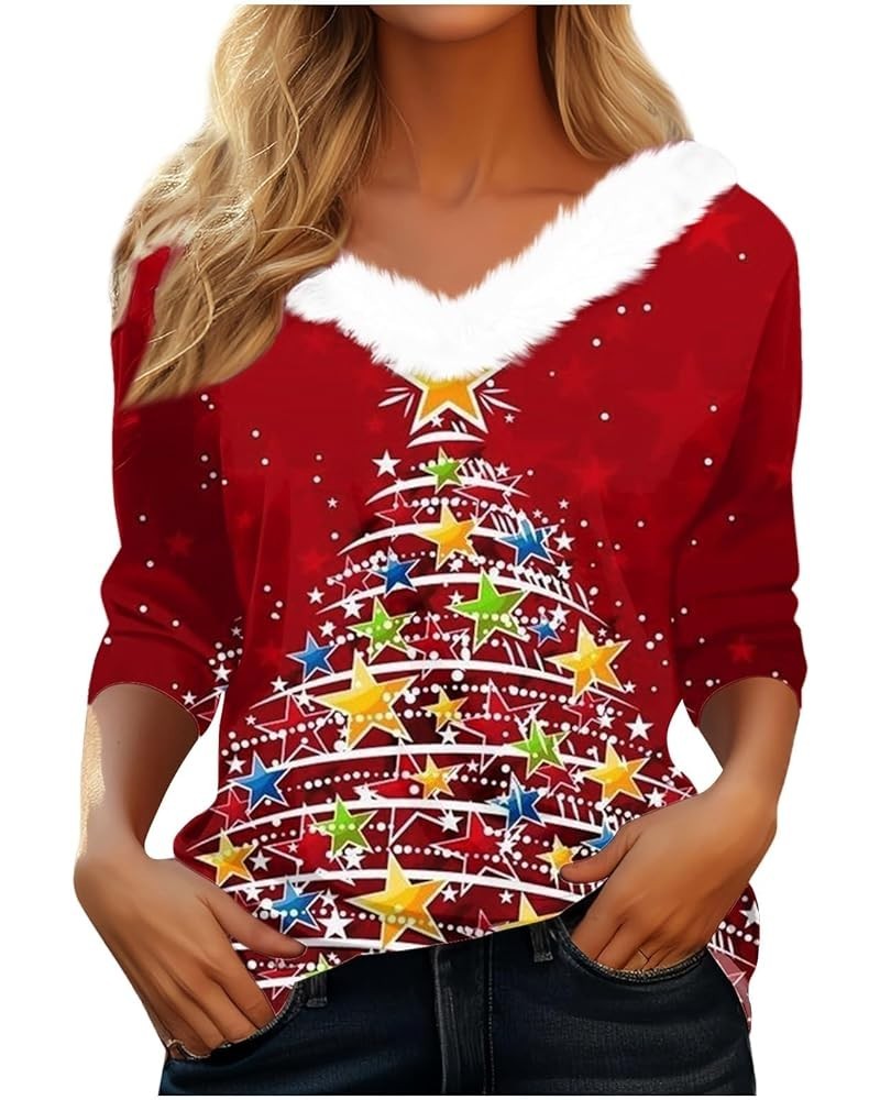 Merry Christmas Shirt Women's Christmas Tops Dressy T Shirt Tee Long Sleeve Party Fleece Collar V Neck Top Shirts 3-multicolo...