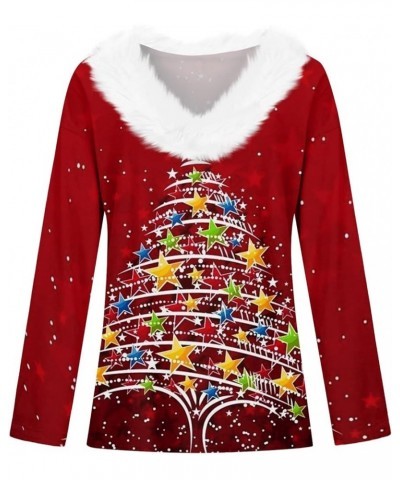 Merry Christmas Shirt Women's Christmas Tops Dressy T Shirt Tee Long Sleeve Party Fleece Collar V Neck Top Shirts 3-multicolo...