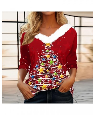 Merry Christmas Shirt Women's Christmas Tops Dressy T Shirt Tee Long Sleeve Party Fleece Collar V Neck Top Shirts 3-multicolo...