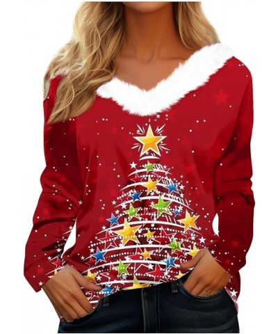 Merry Christmas Shirt Women's Christmas Tops Dressy T Shirt Tee Long Sleeve Party Fleece Collar V Neck Top Shirts 3-multicolo...