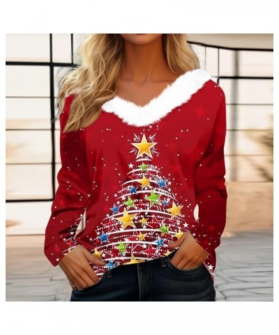 Merry Christmas Shirt Women's Christmas Tops Dressy T Shirt Tee Long Sleeve Party Fleece Collar V Neck Top Shirts 3-multicolo...