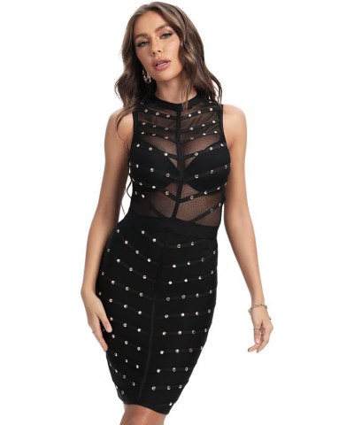 Mesh Studded Sleeveless Knee Length Rayon Bandage Dress Black $31.08 Dresses