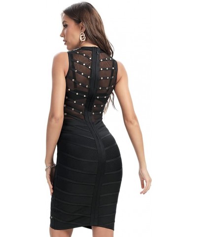 Mesh Studded Sleeveless Knee Length Rayon Bandage Dress Black $31.08 Dresses