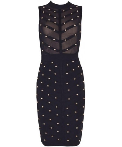 Mesh Studded Sleeveless Knee Length Rayon Bandage Dress Black $31.08 Dresses