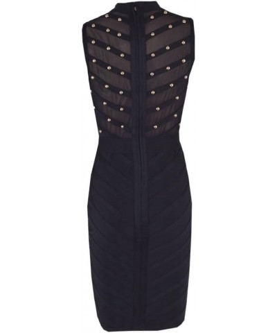 Mesh Studded Sleeveless Knee Length Rayon Bandage Dress Black $31.08 Dresses