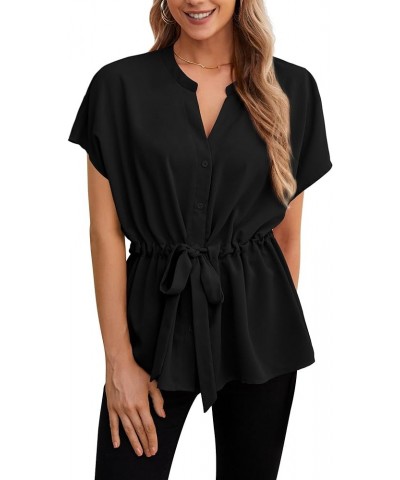 Women's Button Down Blouses Casual Peplum Summer Tops Short Sleeve Shirts Dressy Chiffon Blouse 02 Black $14.10 Blouses