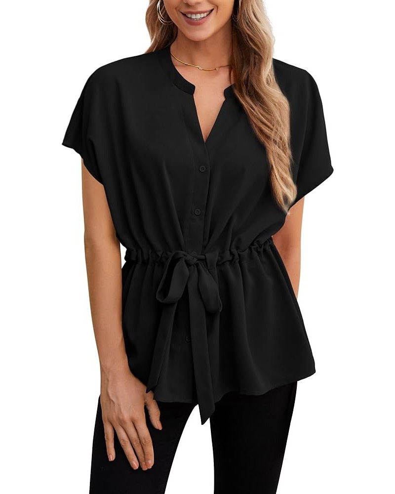 Women's Button Down Blouses Casual Peplum Summer Tops Short Sleeve Shirts Dressy Chiffon Blouse 02 Black $14.10 Blouses