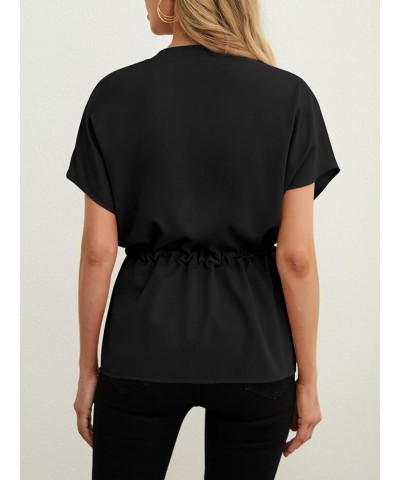 Women's Button Down Blouses Casual Peplum Summer Tops Short Sleeve Shirts Dressy Chiffon Blouse 02 Black $14.10 Blouses