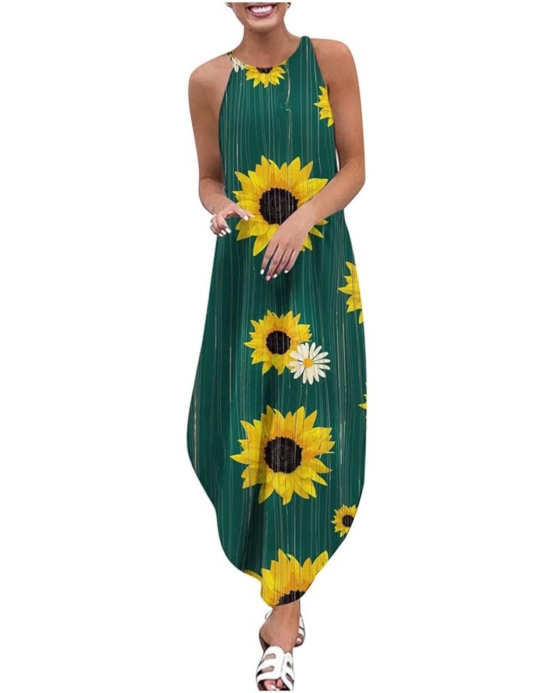 Women Summer Casual Maxi Dress Loose Halter Sunflower Print Sleeveless Split Long Boho Dresses Trendy Beach Sundress Navy $11...