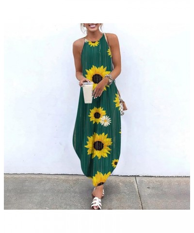 Women Summer Casual Maxi Dress Loose Halter Sunflower Print Sleeveless Split Long Boho Dresses Trendy Beach Sundress Navy $11...