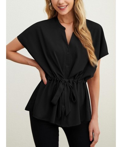 Women's Button Down Blouses Casual Peplum Summer Tops Short Sleeve Shirts Dressy Chiffon Blouse 02 Black $14.10 Blouses