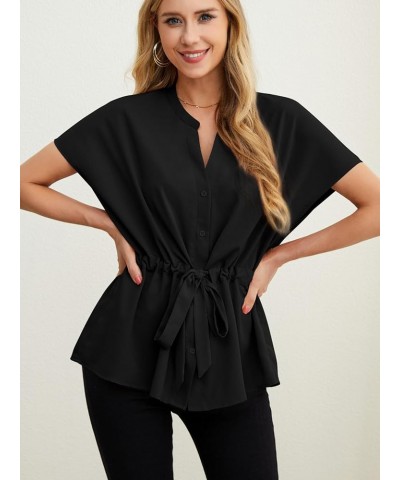 Women's Button Down Blouses Casual Peplum Summer Tops Short Sleeve Shirts Dressy Chiffon Blouse 02 Black $14.10 Blouses