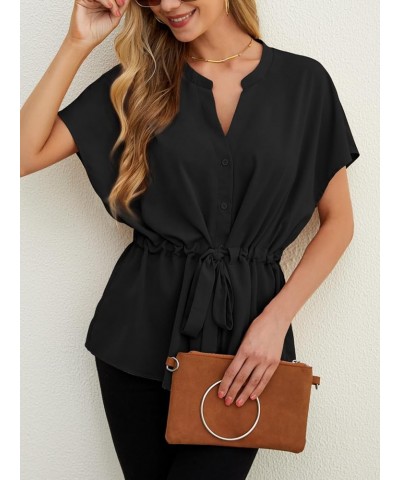 Women's Button Down Blouses Casual Peplum Summer Tops Short Sleeve Shirts Dressy Chiffon Blouse 02 Black $14.10 Blouses