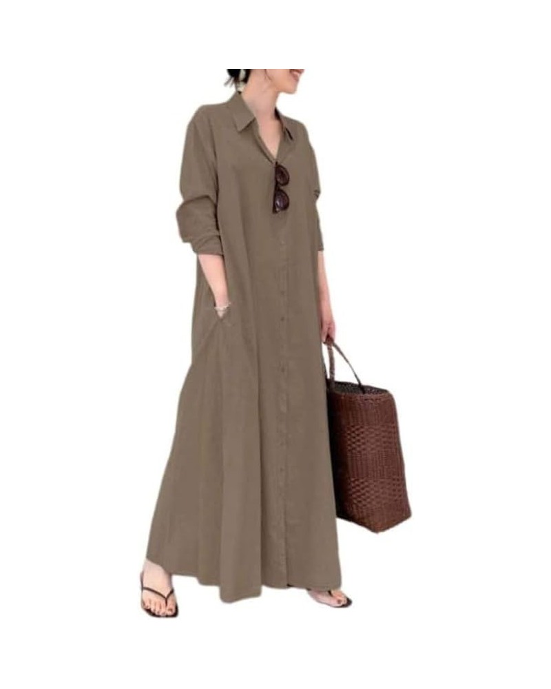 Womens Button Down Shirt Dress Cotton Linen V Neck Long Sleeve Casual Maxi Dress Loose Beach Sundress with Pockets Coffee $19...