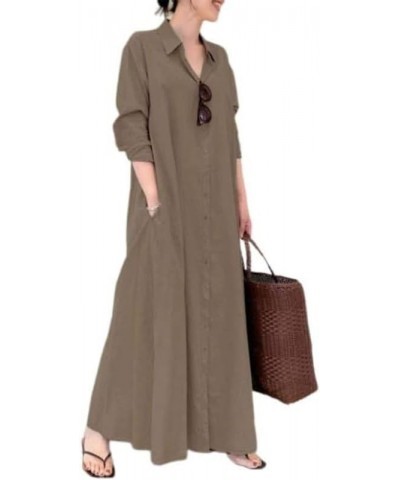 Womens Button Down Shirt Dress Cotton Linen V Neck Long Sleeve Casual Maxi Dress Loose Beach Sundress with Pockets Coffee $19...