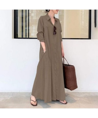 Womens Button Down Shirt Dress Cotton Linen V Neck Long Sleeve Casual Maxi Dress Loose Beach Sundress with Pockets Coffee $19...