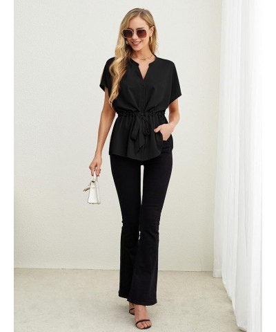 Women's Button Down Blouses Casual Peplum Summer Tops Short Sleeve Shirts Dressy Chiffon Blouse 02 Black $14.10 Blouses