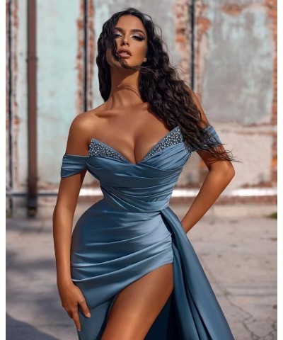 Prom Dresses Satin Ball Gown 2024 Off Shoulder Mermaid Long Slit Beaded Formal Evening Party Bridesmaid Gowns for Women Purpl...