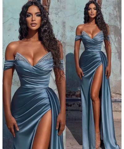 Prom Dresses Satin Ball Gown 2024 Off Shoulder Mermaid Long Slit Beaded Formal Evening Party Bridesmaid Gowns for Women Purpl...