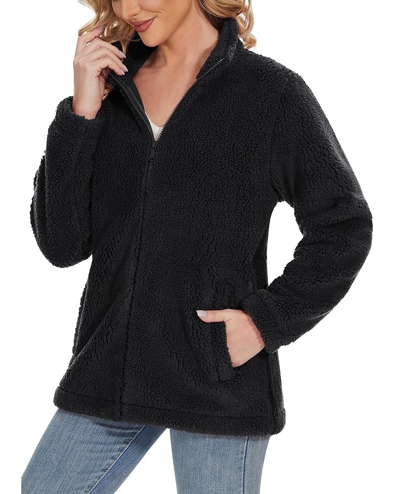 Women's Sherpa Fleece Jacket Full Zip Fuzzy Winter Warm Casual Coats Long Sleeve Soft Thickened Outerwear Black $26.51 Jackets