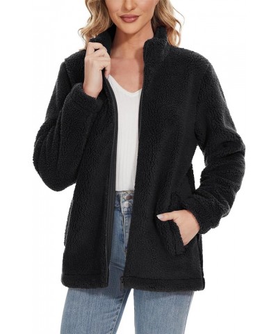 Women's Sherpa Fleece Jacket Full Zip Fuzzy Winter Warm Casual Coats Long Sleeve Soft Thickened Outerwear Black $26.51 Jackets