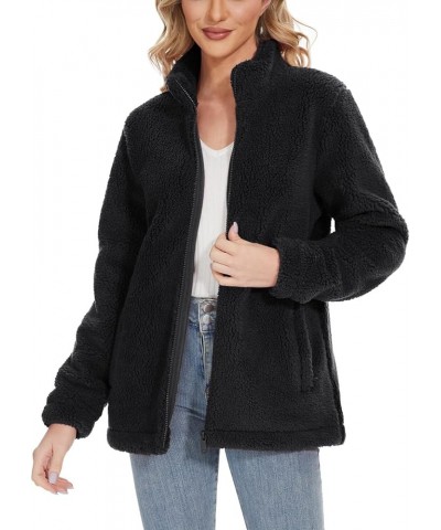 Women's Sherpa Fleece Jacket Full Zip Fuzzy Winter Warm Casual Coats Long Sleeve Soft Thickened Outerwear Black $26.51 Jackets