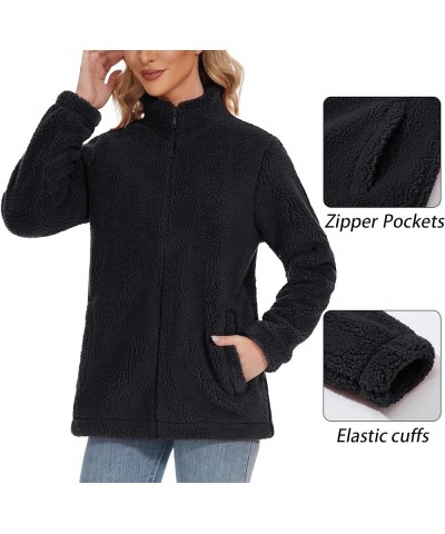 Women's Sherpa Fleece Jacket Full Zip Fuzzy Winter Warm Casual Coats Long Sleeve Soft Thickened Outerwear Black $26.51 Jackets