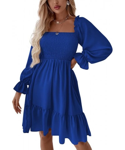 Women's Square Neck Lantern Long Sleeve Ruffle Shirred Flowy Party Mini Dress Royal Blue $21.75 Dresses