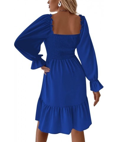 Women's Square Neck Lantern Long Sleeve Ruffle Shirred Flowy Party Mini Dress Royal Blue $21.75 Dresses