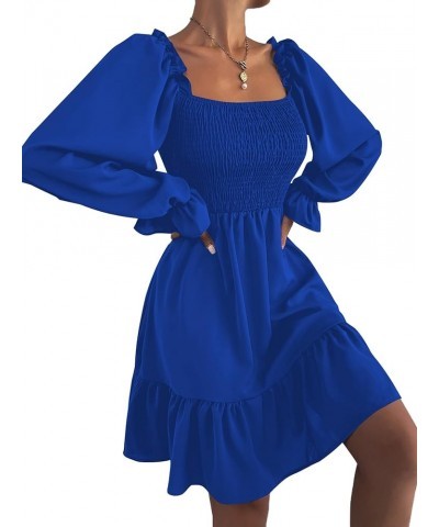 Women's Square Neck Lantern Long Sleeve Ruffle Shirred Flowy Party Mini Dress Royal Blue $21.75 Dresses