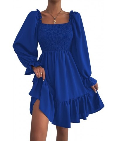 Women's Square Neck Lantern Long Sleeve Ruffle Shirred Flowy Party Mini Dress Royal Blue $21.75 Dresses