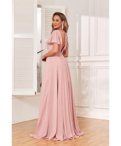 Chiffon Bridesmaid Dresses for Wedding with Slit Flutter Short Sleeves V Neck Wedding Party Gown Black $37.09 Dresses