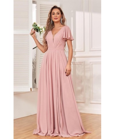 Chiffon Bridesmaid Dresses for Wedding with Slit Flutter Short Sleeves V Neck Wedding Party Gown Black $37.09 Dresses