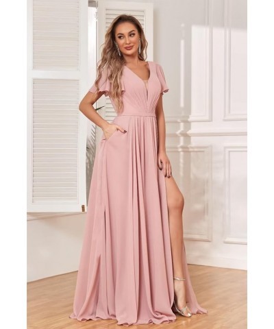 Chiffon Bridesmaid Dresses for Wedding with Slit Flutter Short Sleeves V Neck Wedding Party Gown Black $37.09 Dresses