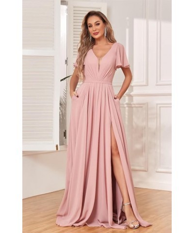 Chiffon Bridesmaid Dresses for Wedding with Slit Flutter Short Sleeves V Neck Wedding Party Gown Black $37.09 Dresses