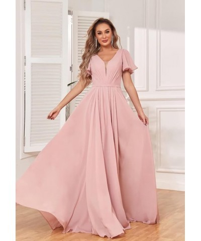 Chiffon Bridesmaid Dresses for Wedding with Slit Flutter Short Sleeves V Neck Wedding Party Gown Black $37.09 Dresses