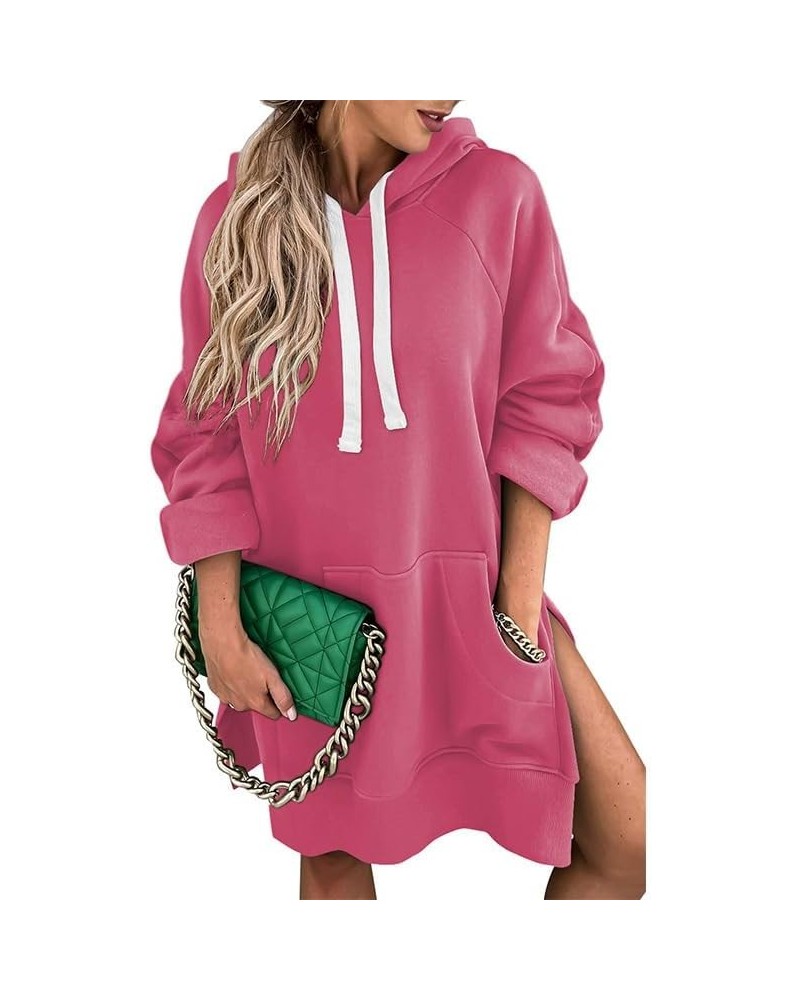 The Warmy Oversized Hoodie Dress, First Ones Oversized Hoodies, Women's Casual Pullover Long Sleeve Split Hem Rose Red $17.63...